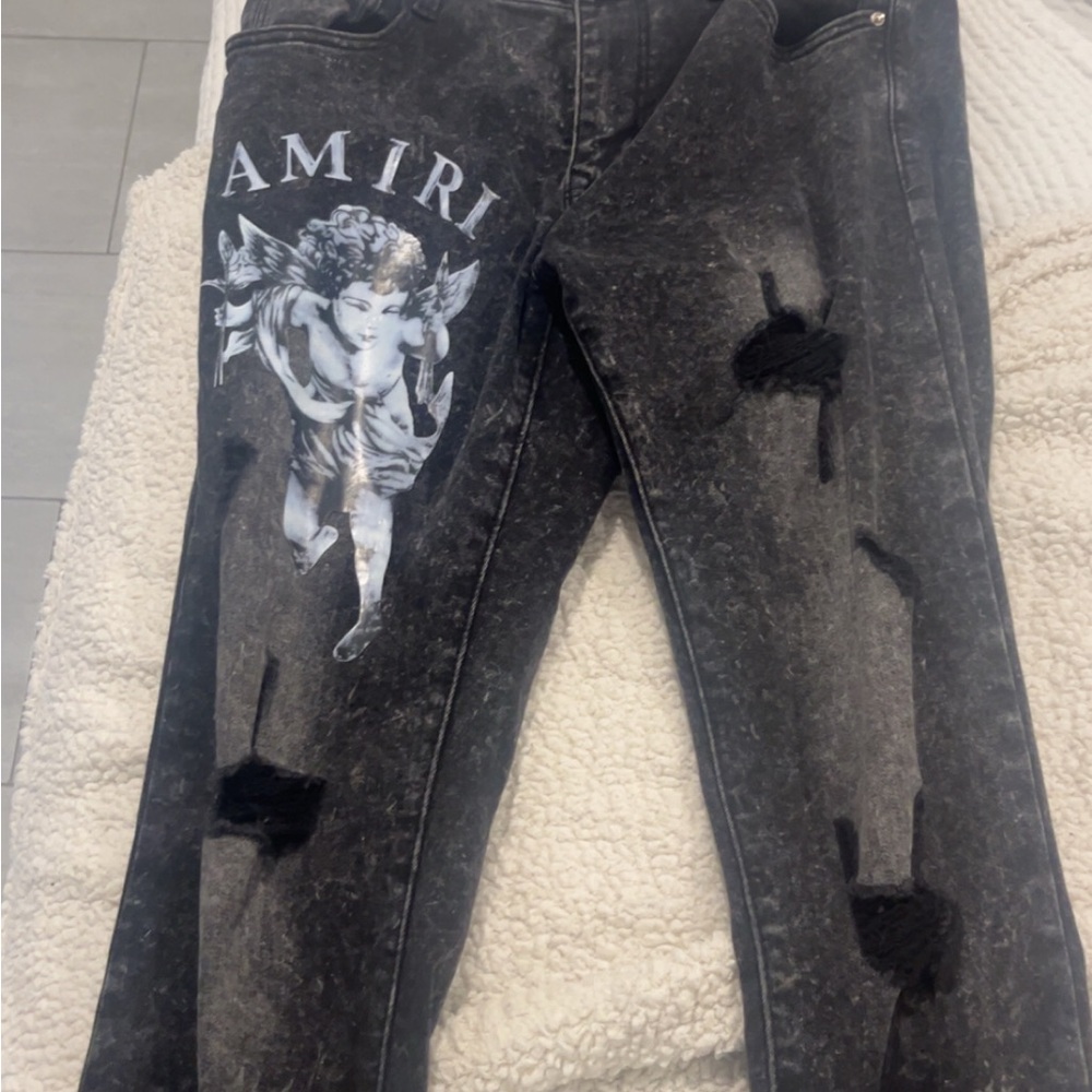 AMIRI Black Distressed Jeans with Angel Graphic